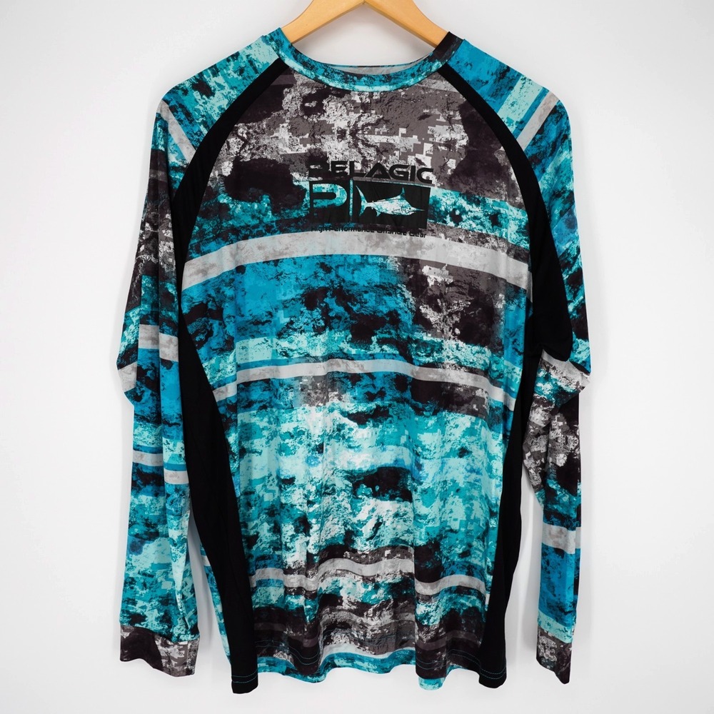 Pelagic Vaportek Fishing Shirt Mens L Blue Long Sleeve Outdoor Logo UPF50 Beach